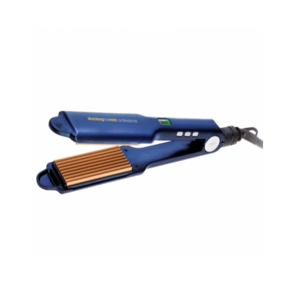 Piastra per capelli con piastre ondulate in ceramica/titanio, manico blu, dettagli bianco e nero, su fondo bianco