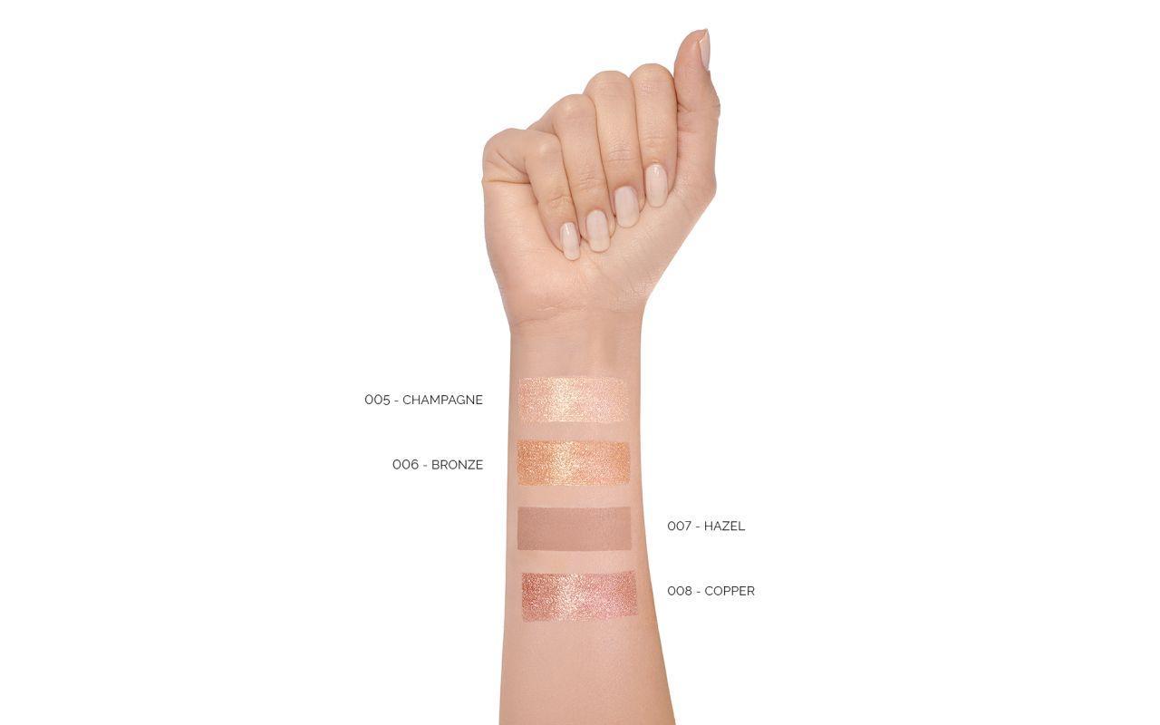 pupa-vamp-ombretto-liquido-005 Swatch di colore applicato sulla pelle con indicazioni di tonalità