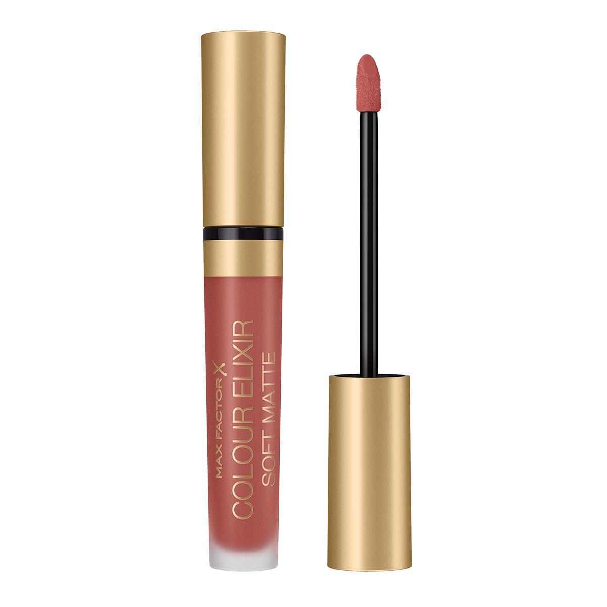 Rossetto liquido Colour Elixir Soft Matte con applicatore a spazzola, tonalità rosato-vinaccia, tubo dorato