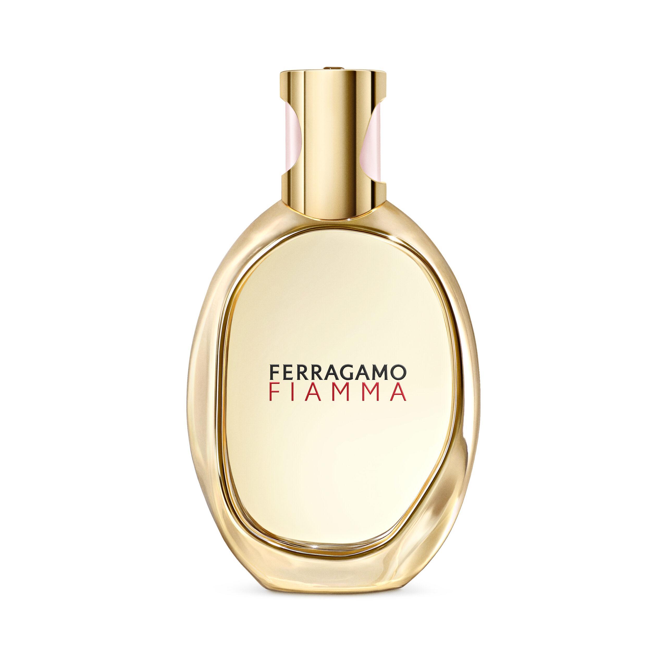 Flacone di profumo Salvatore Ferragamo Fiamma 55ml, con tappo dorato e bottiglia ovale color champagne