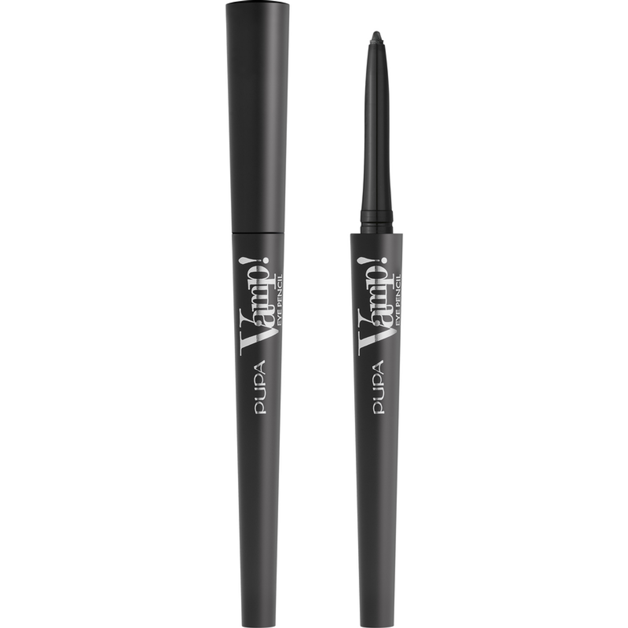 Due matite per occhi PUPA Eye Pencil Vamp! nere, una con tappo aperto e una con punta ritratta