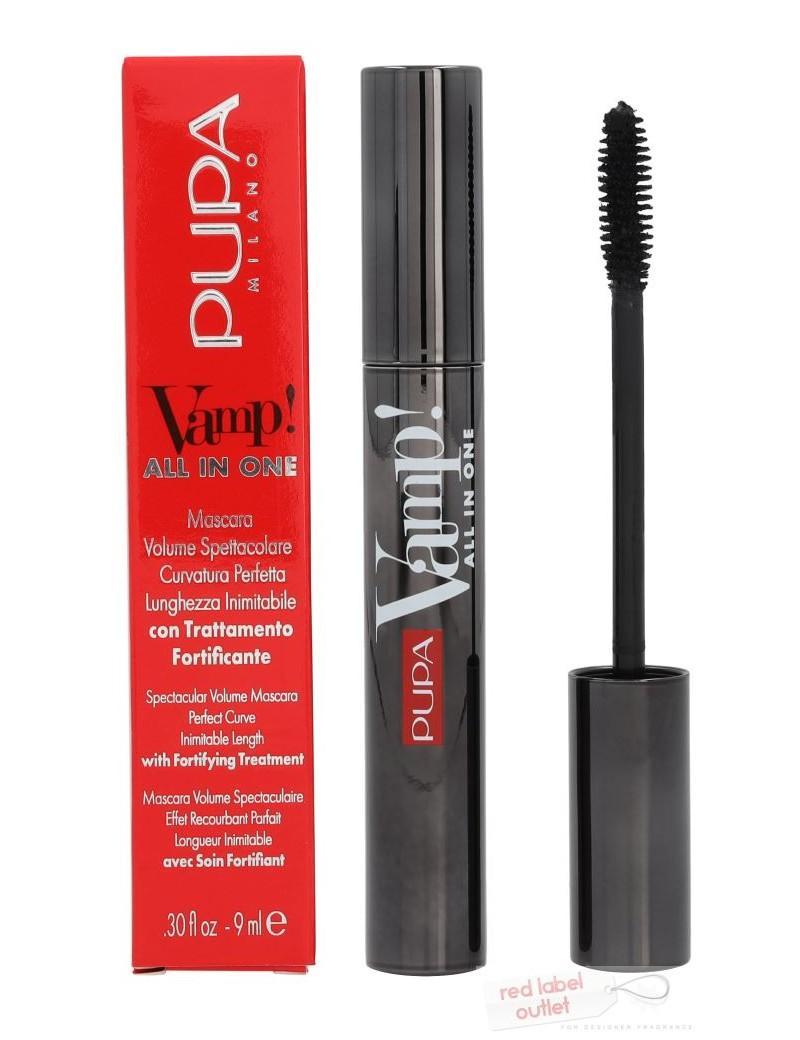 PUPA Vamp All in One mascara nero con confezione rossa, tubo nero e applicatore