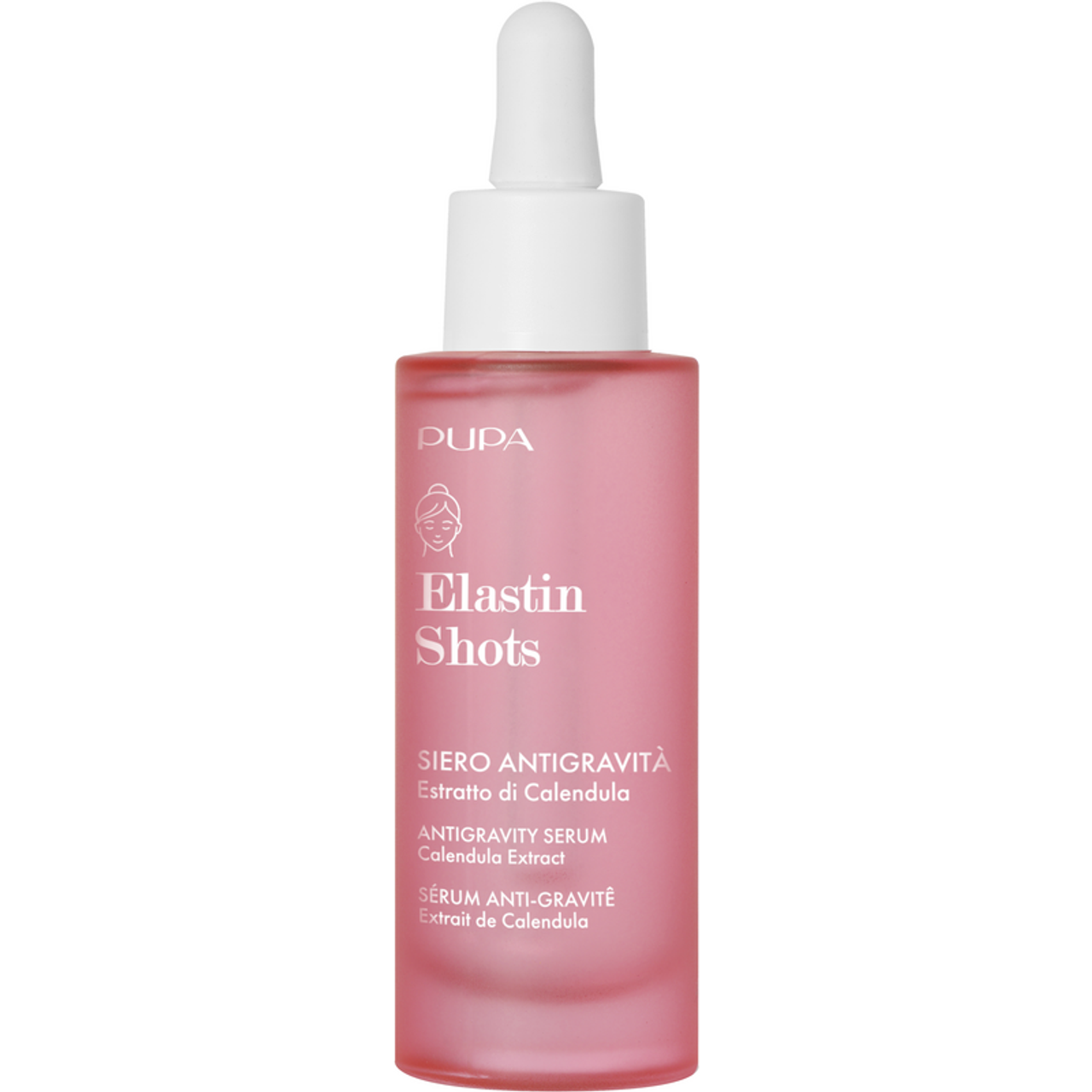 PUPA Elastin Shots 30ml, flacone rosa trasparente con contagocce bianco