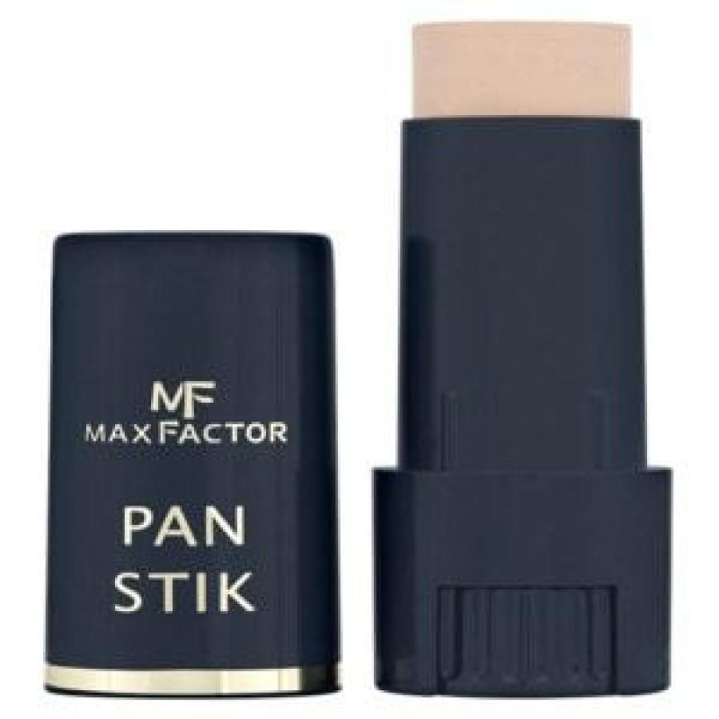 Fondotinta in stick Max Factor Pan Stick colore N.13, packaging nero aperto con prodotto beige