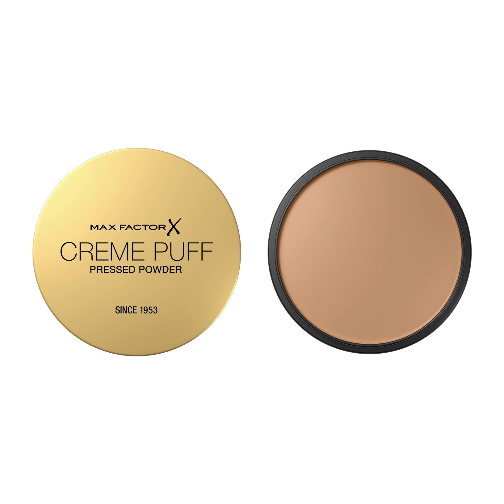 max factor m.factor cipria creme puff n.13 n.bei - foto 1 Cipria compatta Creme Puff N.13 Natural Beige: vista frontale con coperchio dorato e dettaglio polvere beige